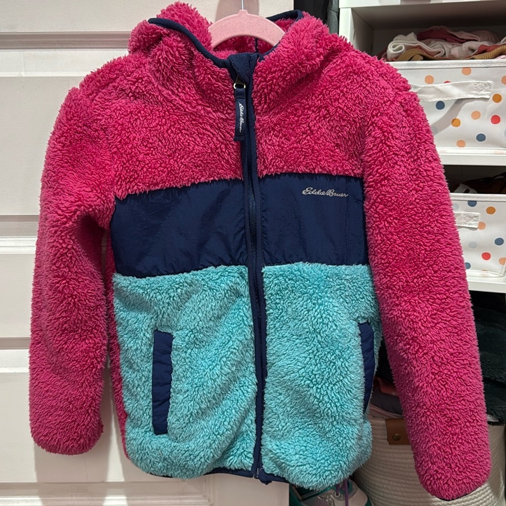 Girls Eddie Bauer Sherpa Zip Up Hoodie Pink and Blue Size XS